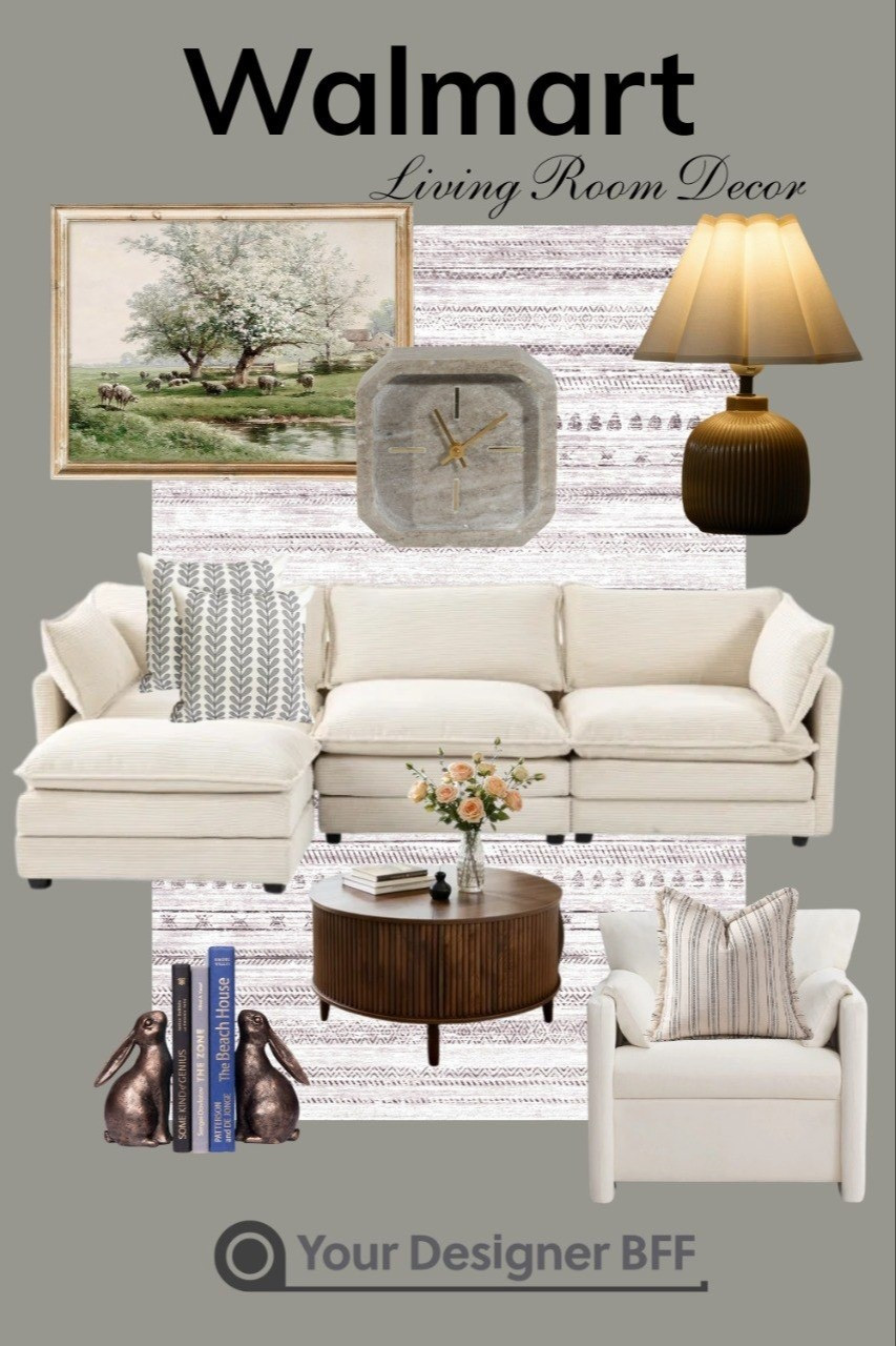 Create a warm, inviting living room with effortless charm 🤍 This Walmart-inspired space blends cozy neutrals with timeless textures for a look that feels elevated yet completely livable.A plush cream sectional anchors the room, layered with soft patterned pillows for added dimension. The warm wood round coffee table brings in rich contrast, styled simply with stacked books and fresh florals for that designer touch. A textured neutral rug grounds the space, while the classic landscape artwork adds a hint of vintage character.Mixed materials make this look shine — from the sleek stone wall clock to the ribbed ceramic lamp with a soft glow. Finished with charming decorative accents and a cozy accent chair, this space is perfect for everyday living and easy entertaining.Everything you need to recreate this cozy, neutral living room is linked here 🛋️✨

#LTKSpringSale #LTKSeasonal #LTKHome