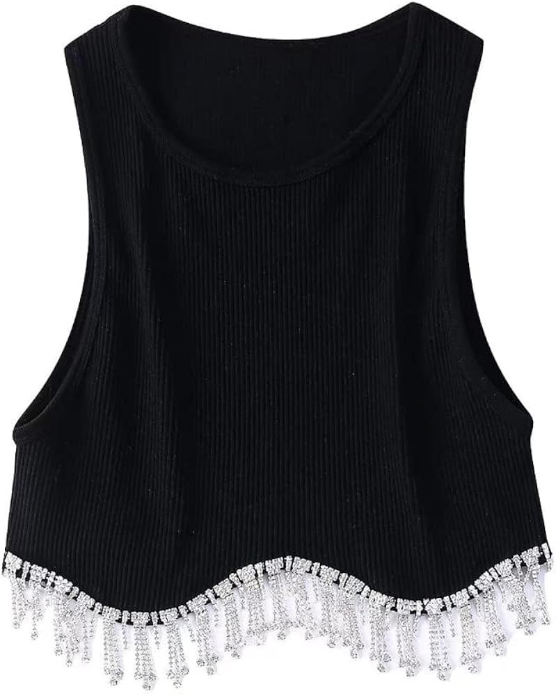 MISSACTIVER Women’s Rhinestone Tassel Crop Tank Top Sexy Sleeveless Round Neck Slim Fit Beading... | Amazon (US)