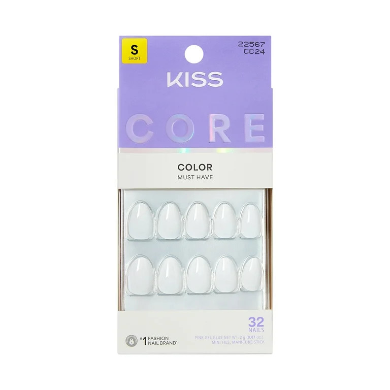 Kiss Core Color Press On Nails Almond, \u2018Lyrical\u2019, White, Short, 32 Count | Walmart (US)