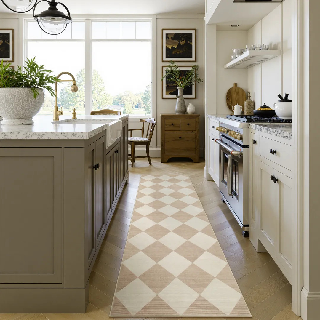 Varell Washable Modern Geometric Checkered Beige Runner Rug | Lahome