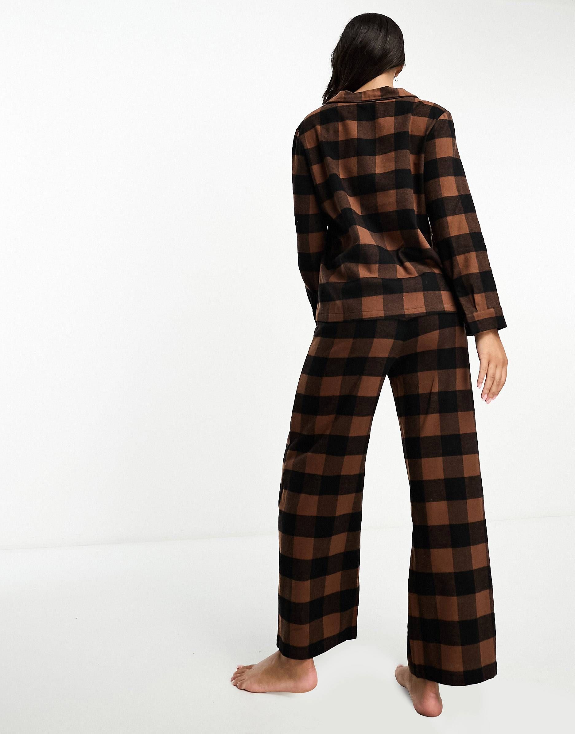 Loungeable brushed cotton long sleeve buttoned pajama pants set in checked chocolate brown | ASOS (Global)