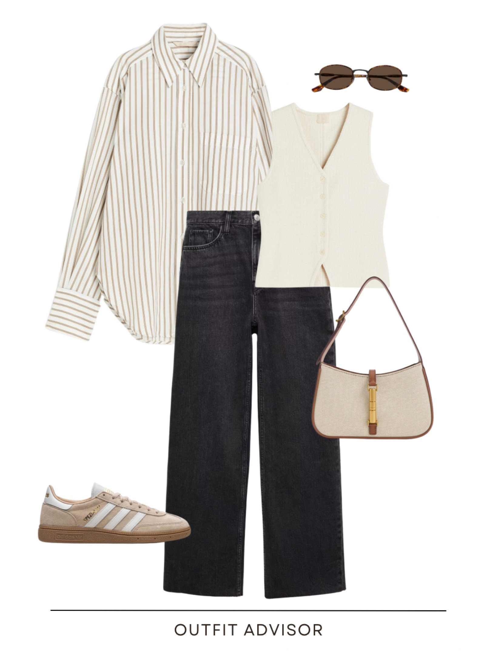 Chic neutral spring/summer outfit inspo:  a striped shirt, knit vest, black jeans, shoulder bag with a gold clasp, adidas sneakers and a pair of sunglasses 

#LTKstyletip #LTKshoecrush #LTKitbag