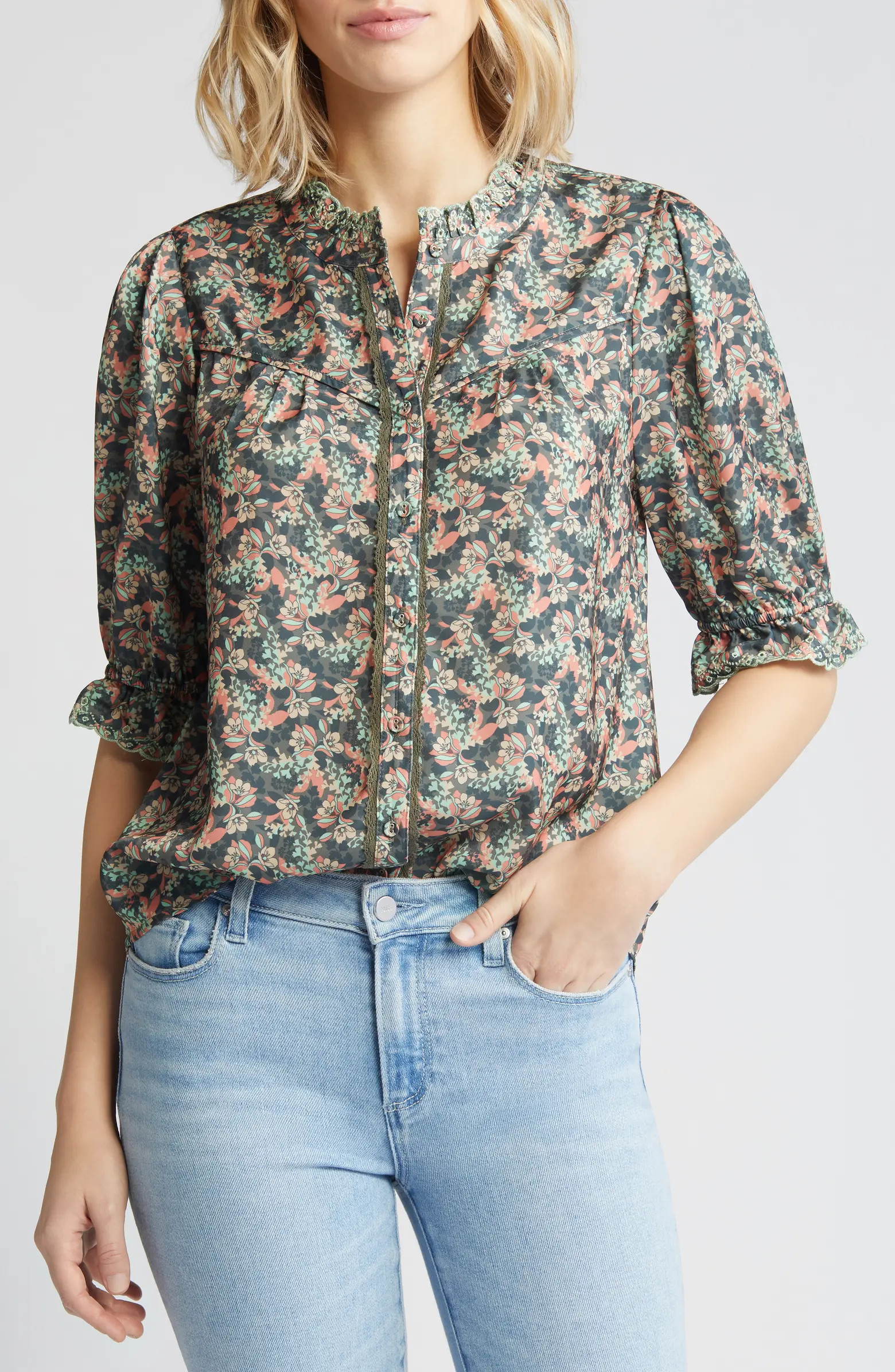 Wit & Wisdom Print Ruffle Eyelet Shirt | Nordstrom | Nordstrom