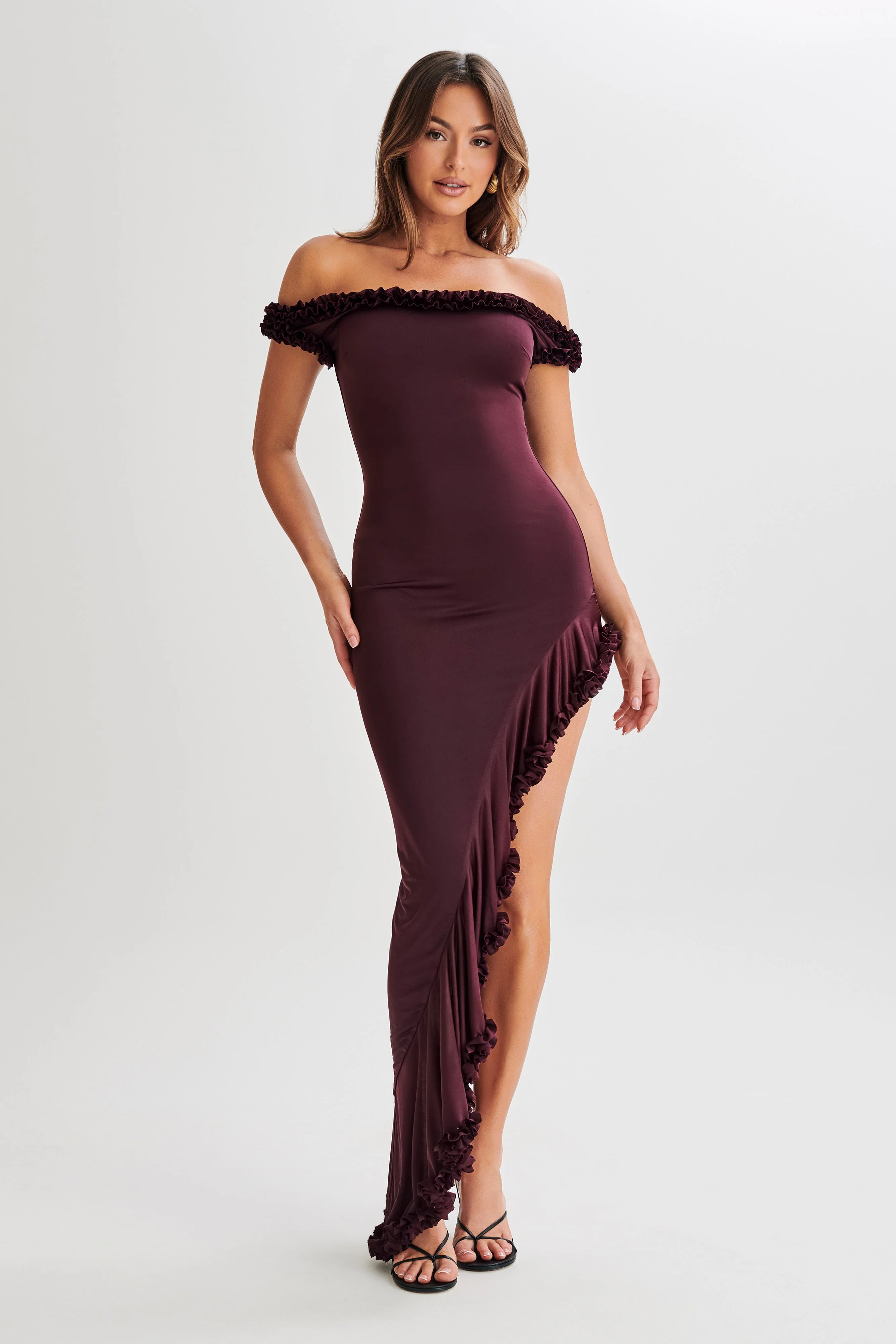 Arielle Off Shoulder Ruffle Midi Dress - Plum | MESHKI US