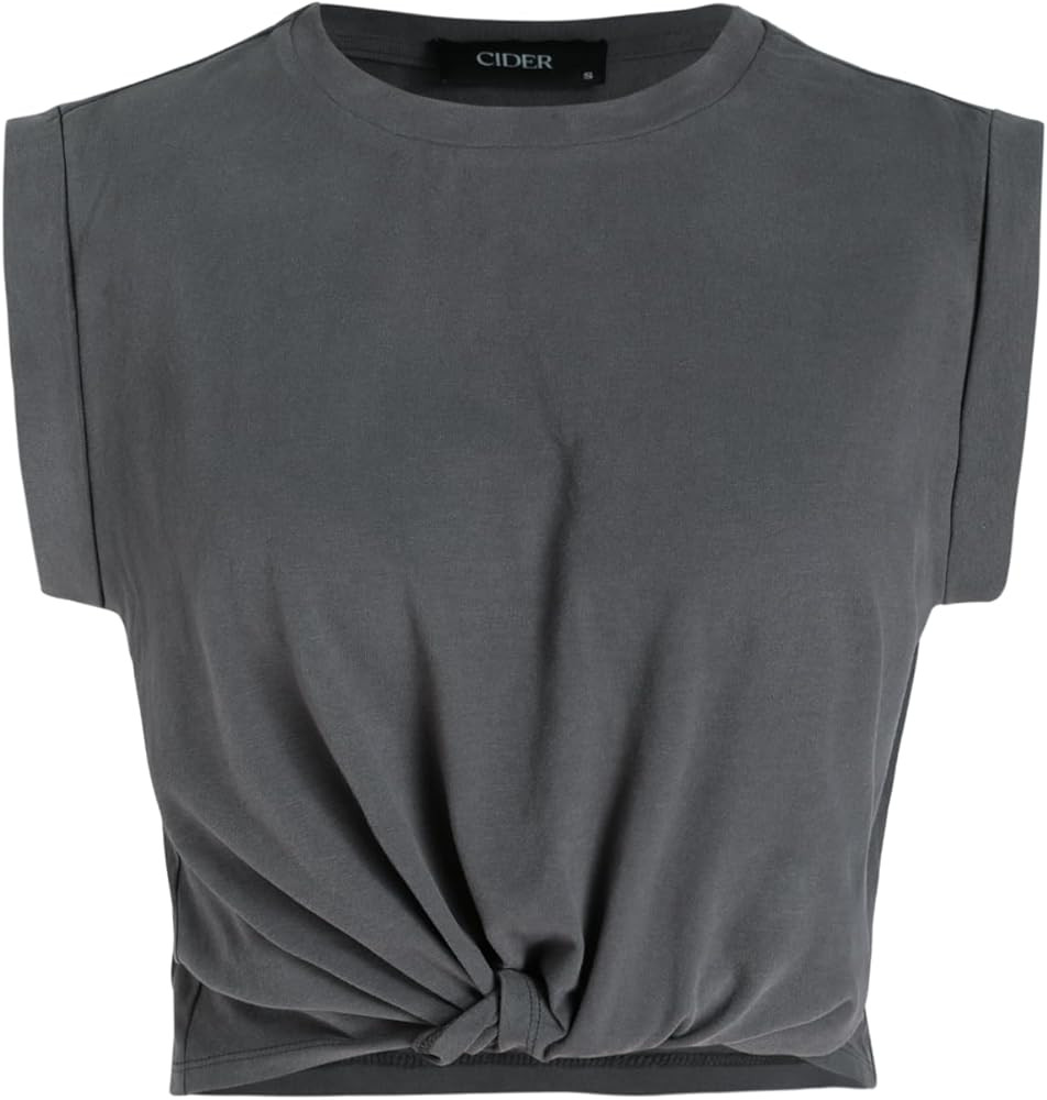 CIDER Solid Round Neckline Twist Short Sleeve Crop Top | Amazon (US)