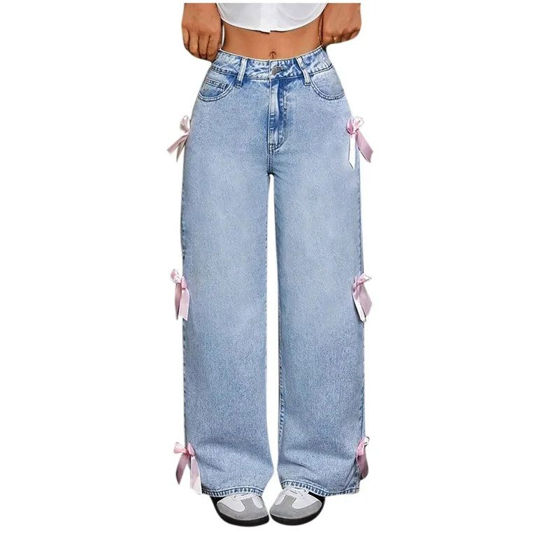 SwiftWear Women's Light Wash Bow Detail Wide Leg Jeans, High-Rise Baggy Denim Pants Vintage Style... | Walmart (US)