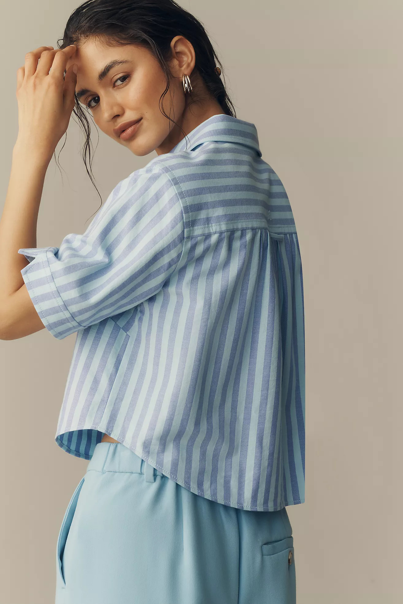 Maeve Merritt Short-Sleeve Cropped Buttondown Shirt | Anthropologie (US)