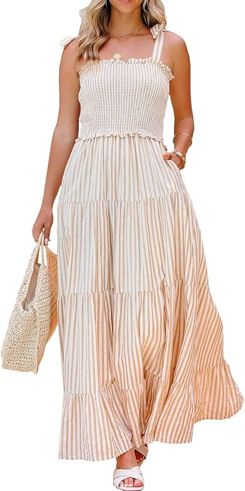 R.Vivimos Women's Summer Cotton Adjustable Straps Boho Stripe Casual Flowy A Line Midi Dress with... | Amazon (US)