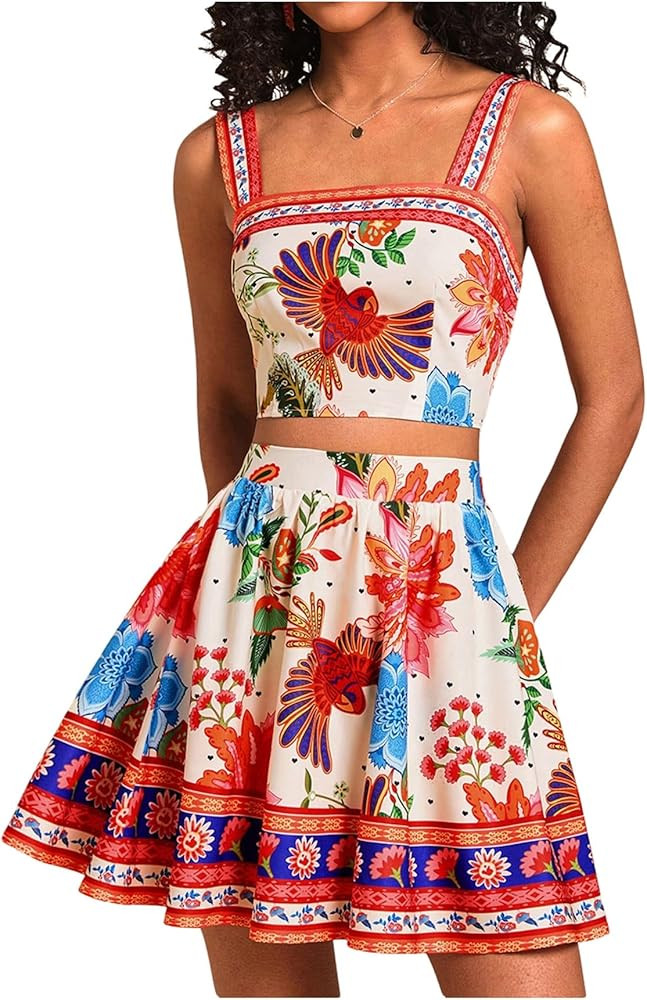 Floerns Women's Two Piece Outfit Tropical Crop Cami Top and Summer Skirts Set | Amazon (US)