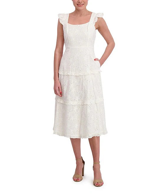 Scoop Neck Ruffle Shoulder Tiered Cotton Eyelet Midi Dress | Dillard's