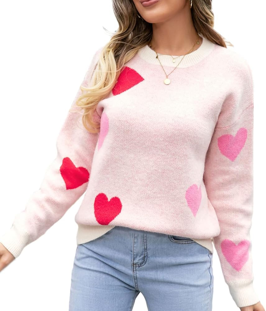 Valentine's Day Heart Sweater for Women Cute Love Shape Sweatshirt Casual Crewneck Valentine Shir... | Amazon (US)