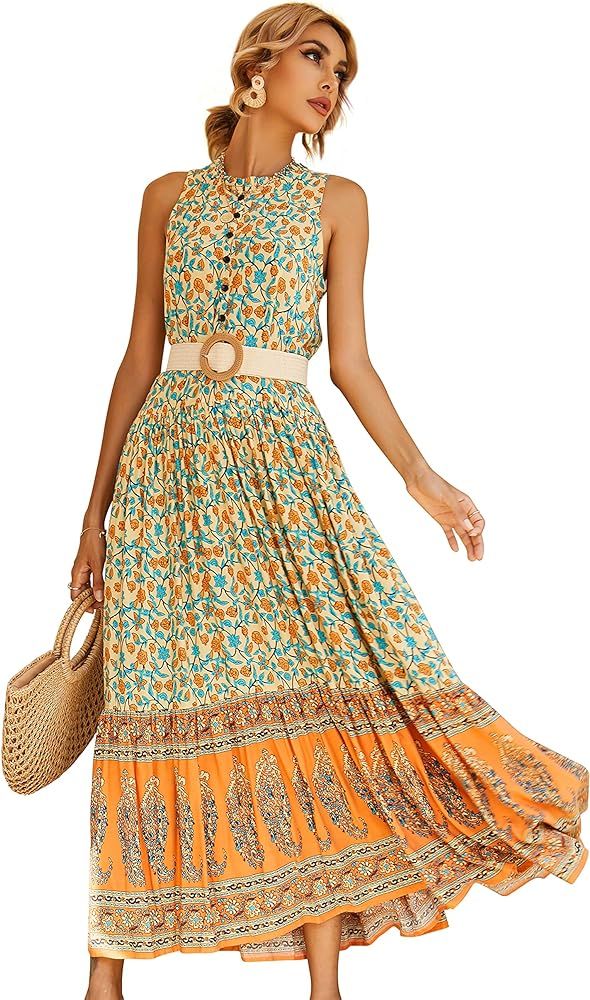 R.Vivimos Women's Summer Sleeveless Floral Print Button Up Bohemian Flowy Maxi Dresses | Amazon (US)