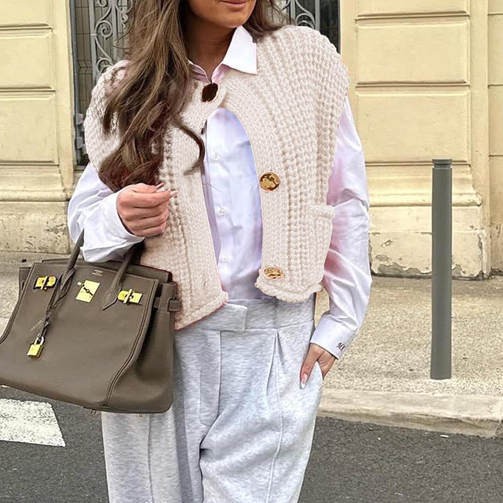 Hixiaohe Womens Crochet Chunky Knit Top Sleeveless Button Down Crop Tops Trendy Cardigan Sweater ... | Amazon (US)