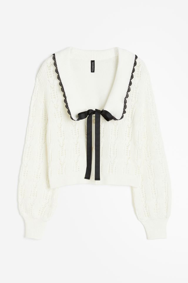 Pointelle-knit Cardigan with Peter Pan Collar - Cream - Ladies | H&M US | H&M (US)
