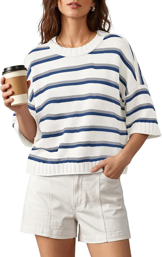 Nirovien Womens Short Sleeve Striped Sweater Crewneck Knit Cropped Sweaters | Amazon (US)