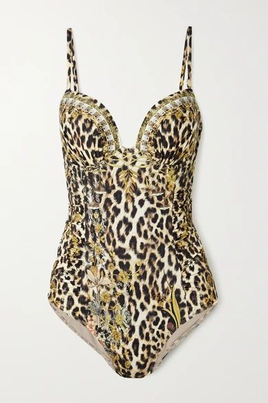 Camilla - Crystal-embellished Ruched Printed Swimsuit - Leopard print | NET-A-PORTER (US)