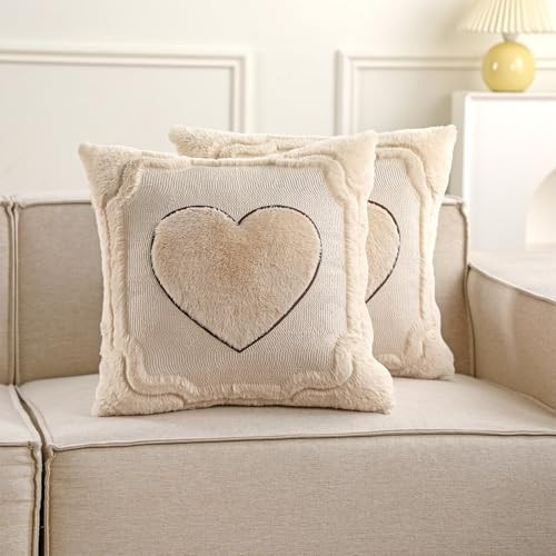 Leinuosen Valentines Pillow Covers 18x18 Inch Set of 2 Valentines Day Decoration Heart Embroidery Soft Plush Faux Fur Cushion Covers for Home Sofa Holiday Festivals Living Room Bedroom Decor(Beige) | Amazon (US)