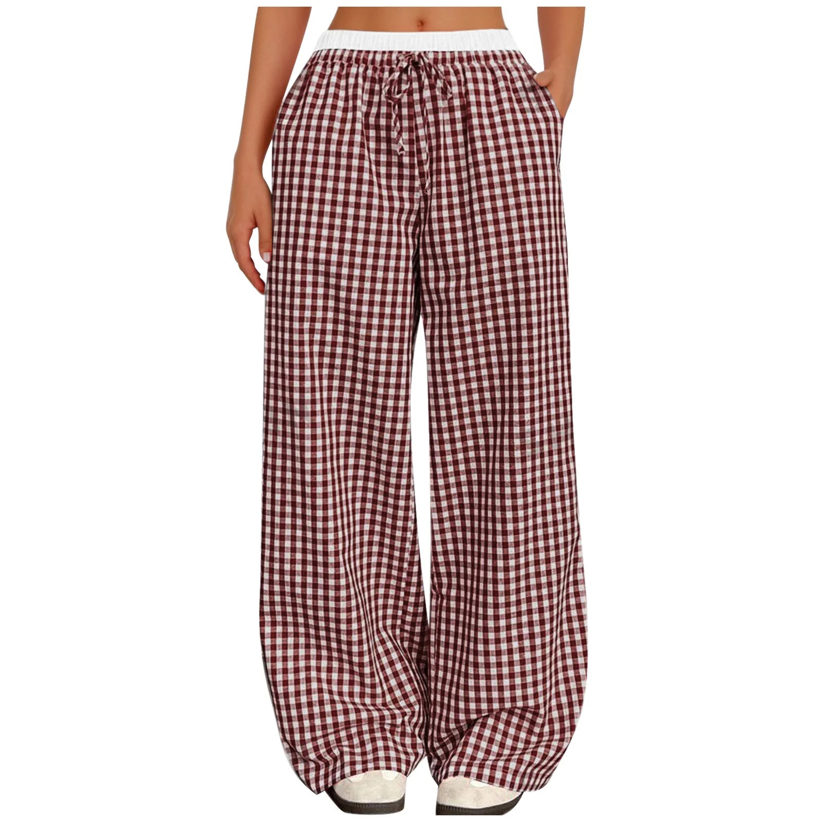 snilers&nbsp;Women's Wide Leg Pants Straight Elastic Waist Drawstring Plaid Trousers Detail High ... | Walmart (US)