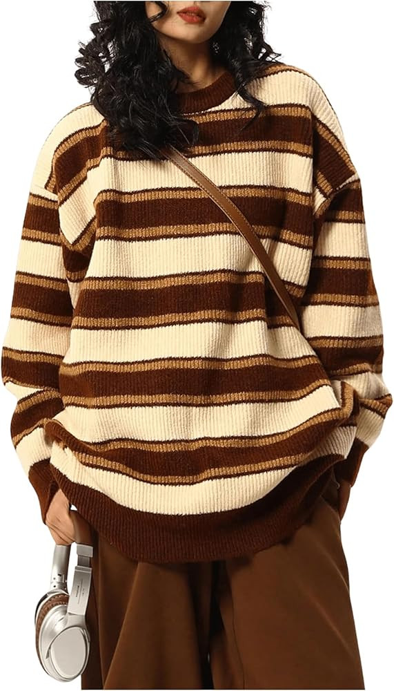 SOLY HUX Women's Striped Oversized Sweater Vintage Crew Neck Dressy Casual Knit Pullover Tops | Amazon (US)