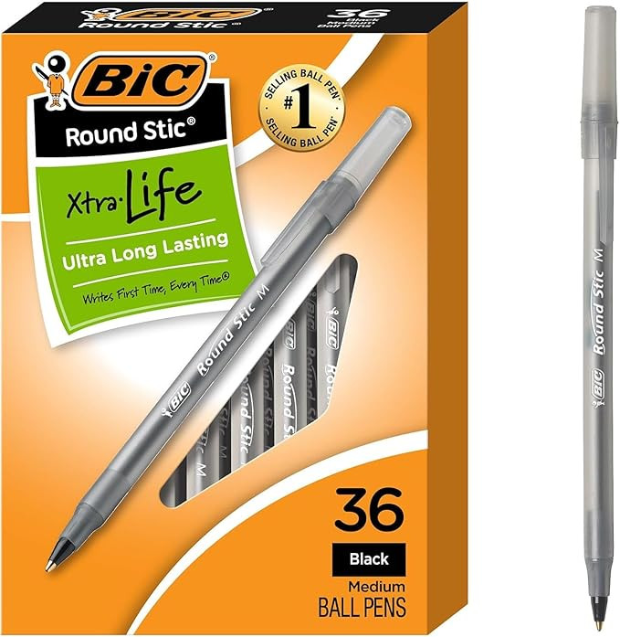 BIC Round Stic Xtra Life Black Ballpoint Pens, Medium Point (1.0mm), 36-Count Pack of Bulk Pens, ... | Amazon (US)