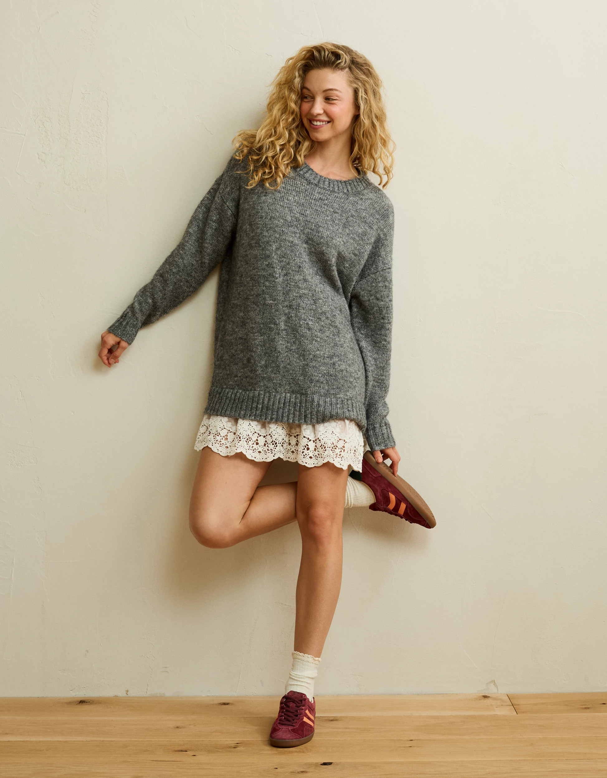 AE Oversized Sweater Lace-Trim Mini Dress | American Eagle Outfitters (US & CA)