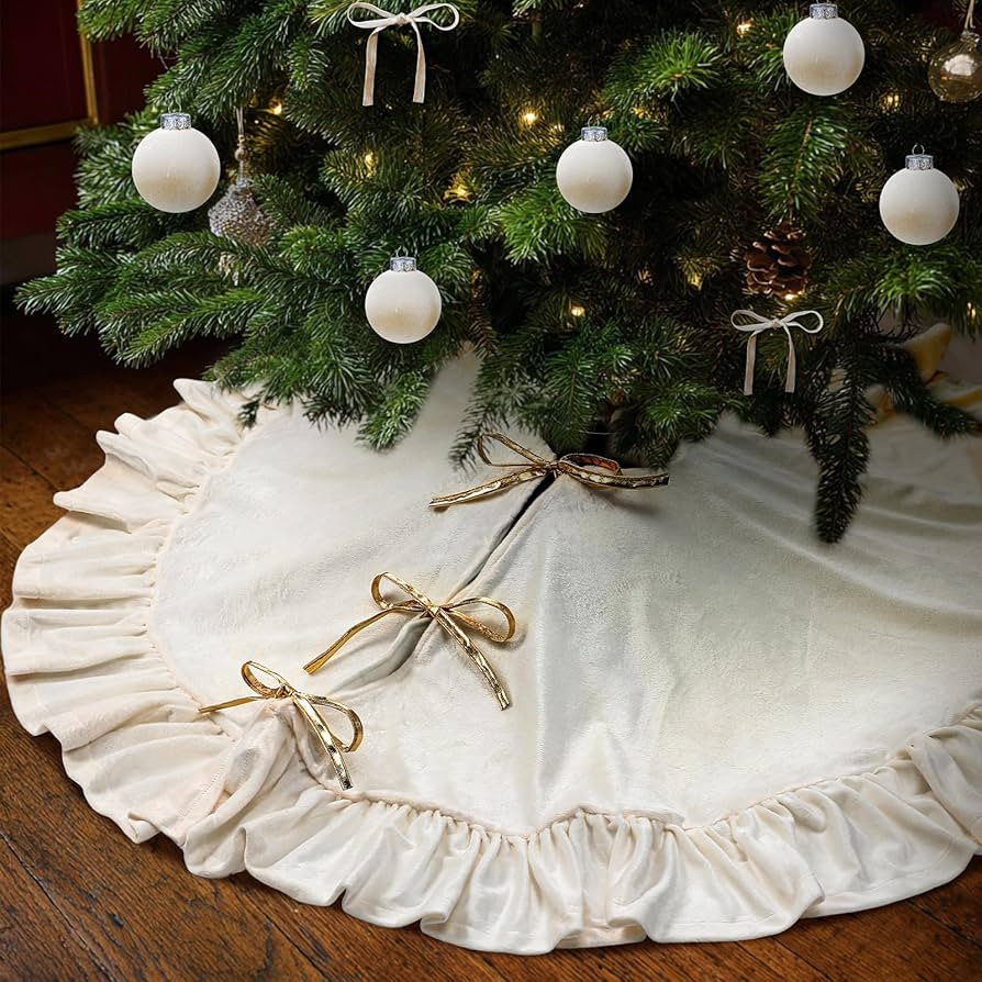 48 Inches Velvet Christmas Tree Skirt Ivory White with Gold Bow Fur Plush Tree Skirt Luxury Xmas ... | Amazon (US)