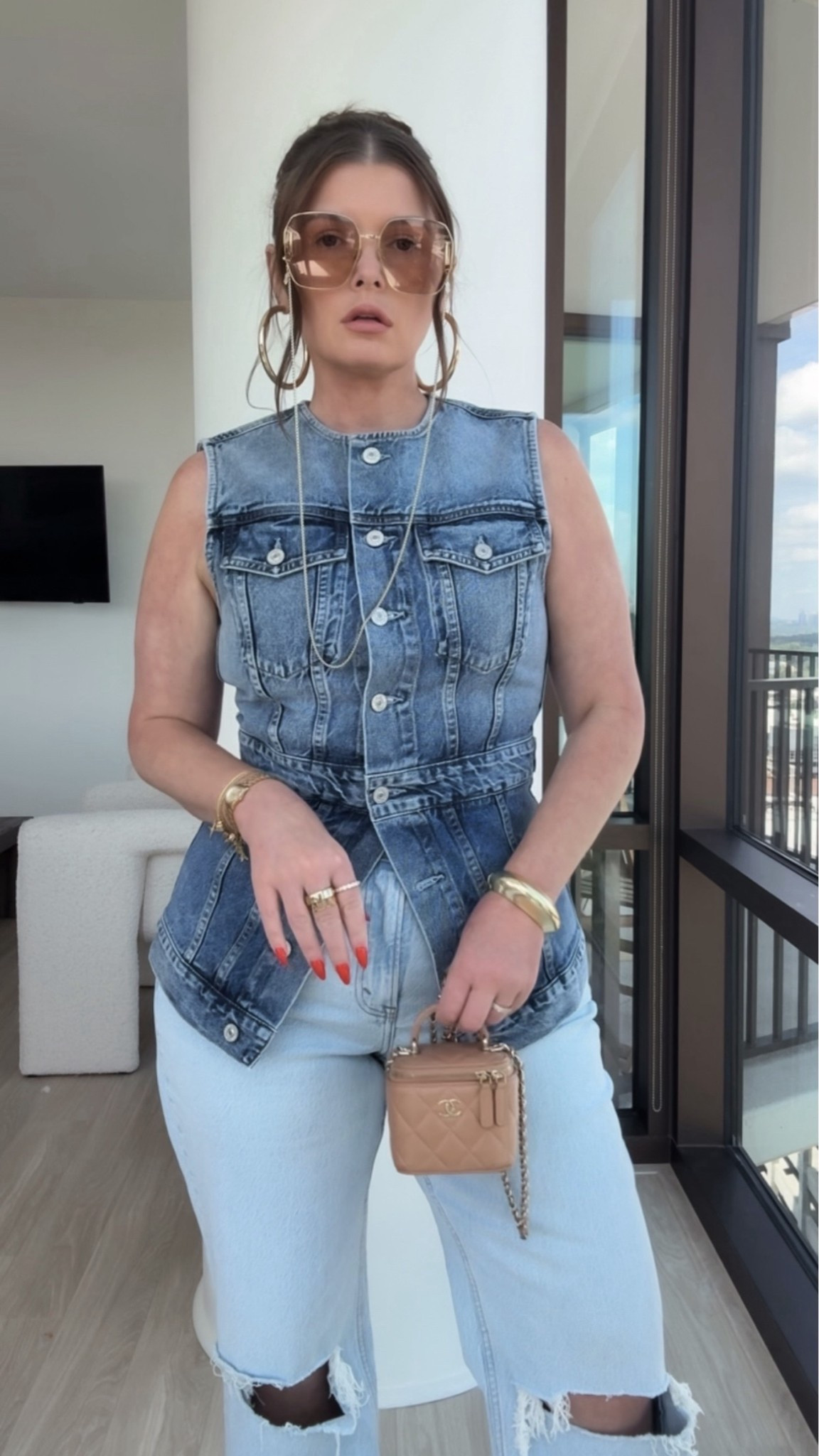 Distressed denim 
Denim vest

#LTKootd #LTKdayinmylife