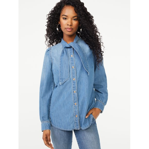 Scoop Women's Tie-Neck Denim Blouse - Walmart.com | Walmart (US)