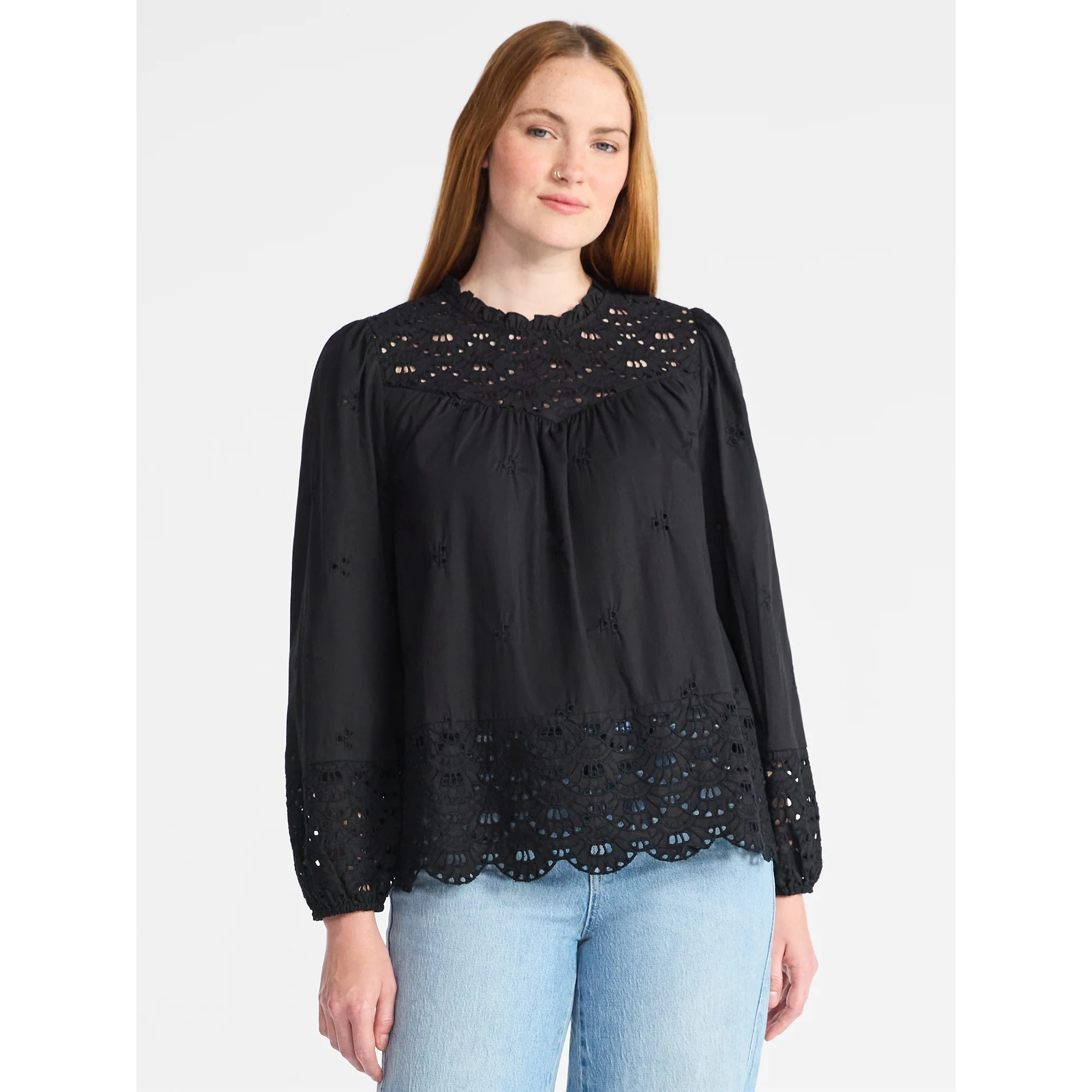 Time and Tru Women's Cotton Eyelet Blouse with Long Sleeves, Sizes XS-XXXL - Walmart.com | Walmart (US)