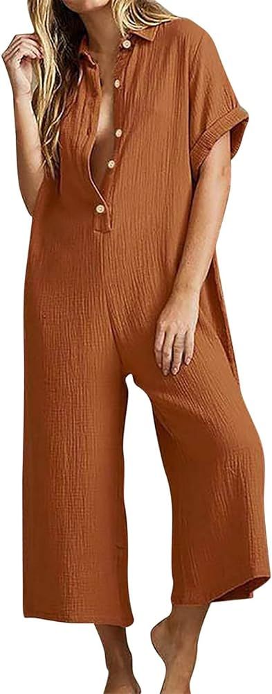 Long Elegant Black Romper Women Summer Short Sleeve Button Down Pockets Jumpsuit with Fringe for Wom | Amazon (US)