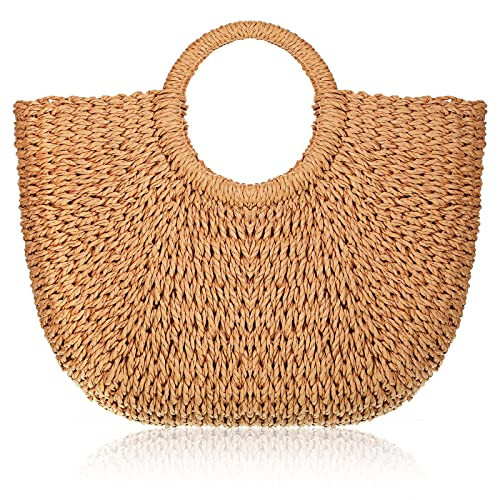 Straw Tote Bag Summer Beach Bag Handmade Straw Rattan Woven Handbag for Women Travel (Brown, 15.75 x 9.84 x 11.02 Inch) | Amazon (US)