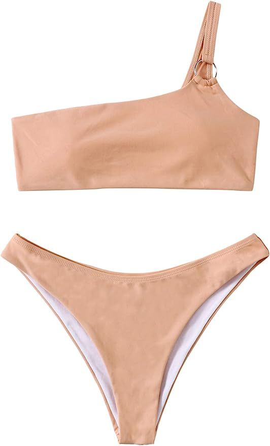 SheIn Women's 2 Piece One Shoulder Bikini Set Ring Linked Swimsuit Sexy Bathing Suit | Amazon (US)