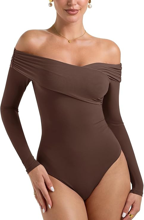 PINKMSTYLE Sexy Mesh Off The Shoulder Bodysuits For Women Double Lined Long Sleeve Bodysuit Going... | Amazon (US)