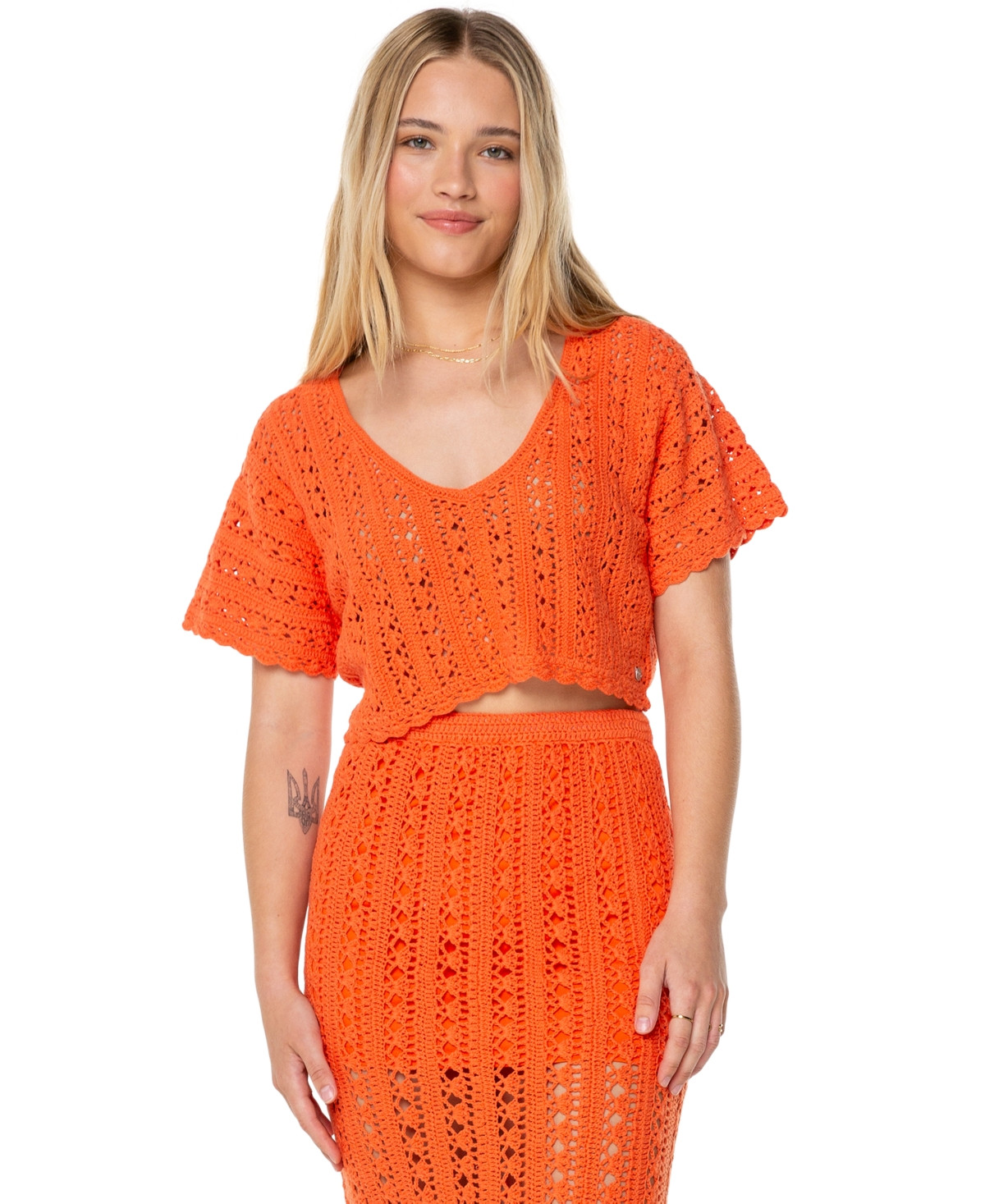 Roxy Juniors' Sea Swirl Crochet Cotton Top - Tigerlily Solid | Macy's