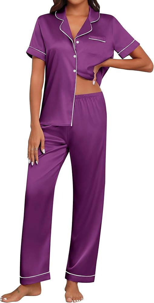 Ekouaer Womens Silk Pajama Sets Silky Short Sleeve Pjs 2 Piece Silk Button Down Pajamas Soft Sati... | Amazon (US)