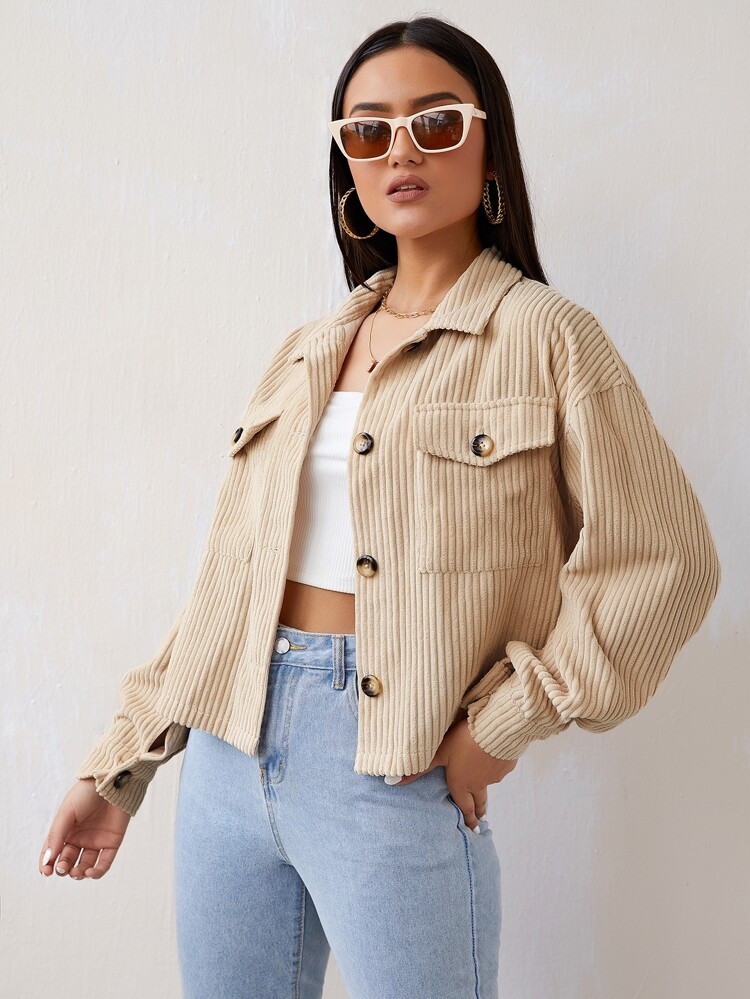 SHEIN Flap Pocket Button Front Corduroy Jacket | SHEIN