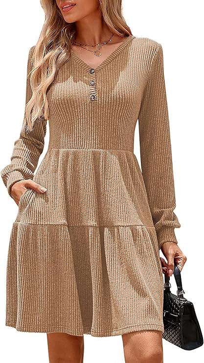 Kate Kasin Women's Long Sleeve Sweater Dresses 2025, Button V Neck Knit Dress, Fall Swing A Line ... | Amazon (US)