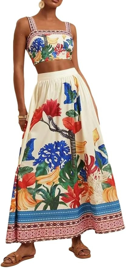 THLAI Skirt Sets Women 2 Piece Outfits Tropical Floral Print Crop Top and A-line Maxi Skirt Summe... | Amazon (US)