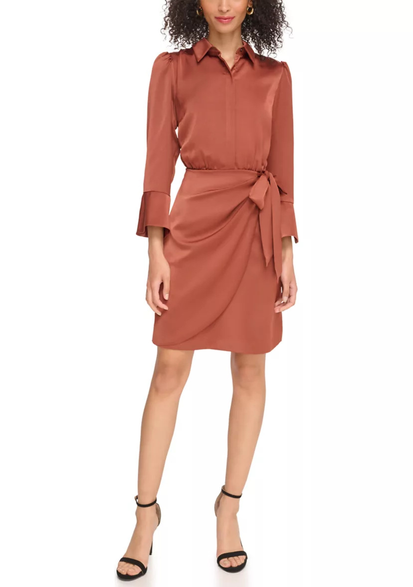 Women's Satin Shirtdress with Overlapping Skirt | Belk