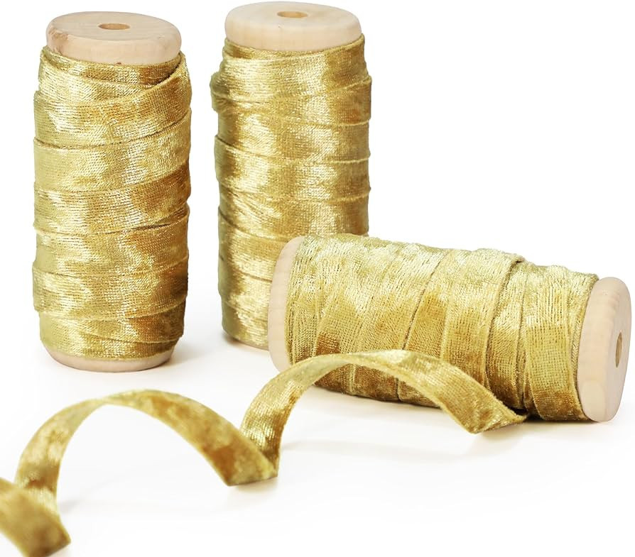 Keypan Gold Velvet Ribbon Double-Sided Handmade Glossy Fabric Trim Wooden Spool Thin Ribbon for C... | Amazon (US)