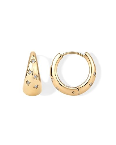 PAVOI Waterproof Gold Hoop Earrings for Women - 14K Yellow Gold Plated Chunky Huggie Hoop Earrings with Cubic Zirconia Starburst - Stainless Steel Trendy Summer Fashion Jewelry - Yellow | Amazon (US)