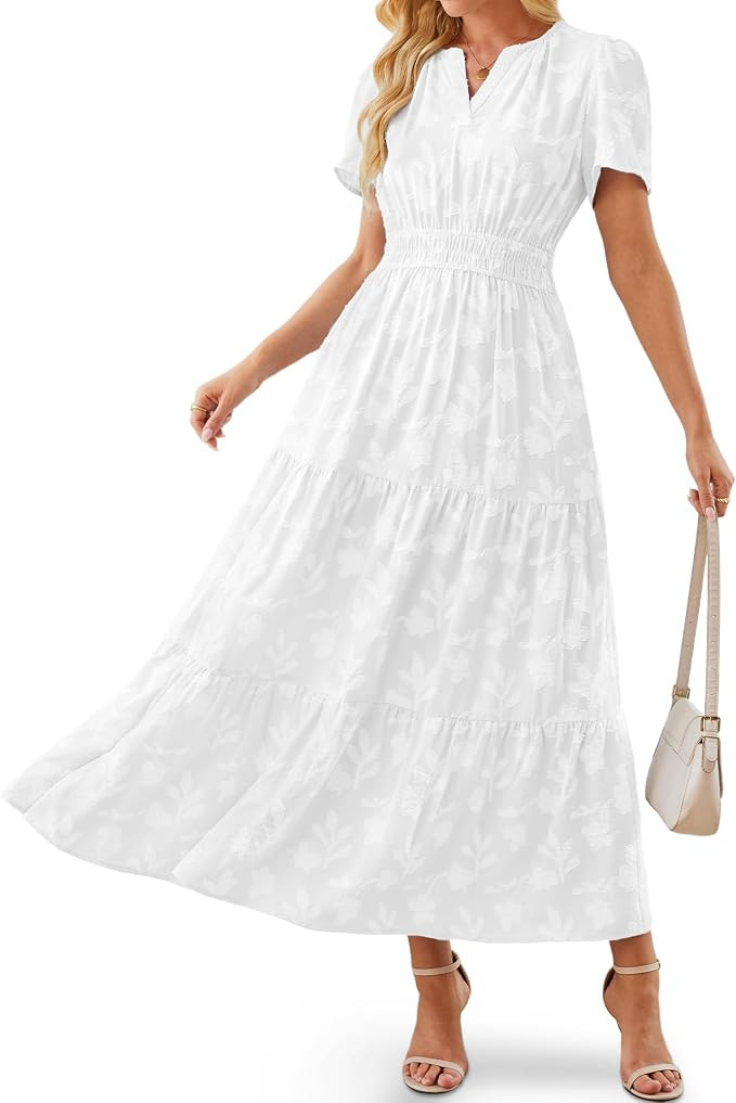 Women's Maxi Dresses Boho Burnout V Neck Short Puff Sleeve Smocked Empire Waist Long Wedding Gues... | Amazon (US)