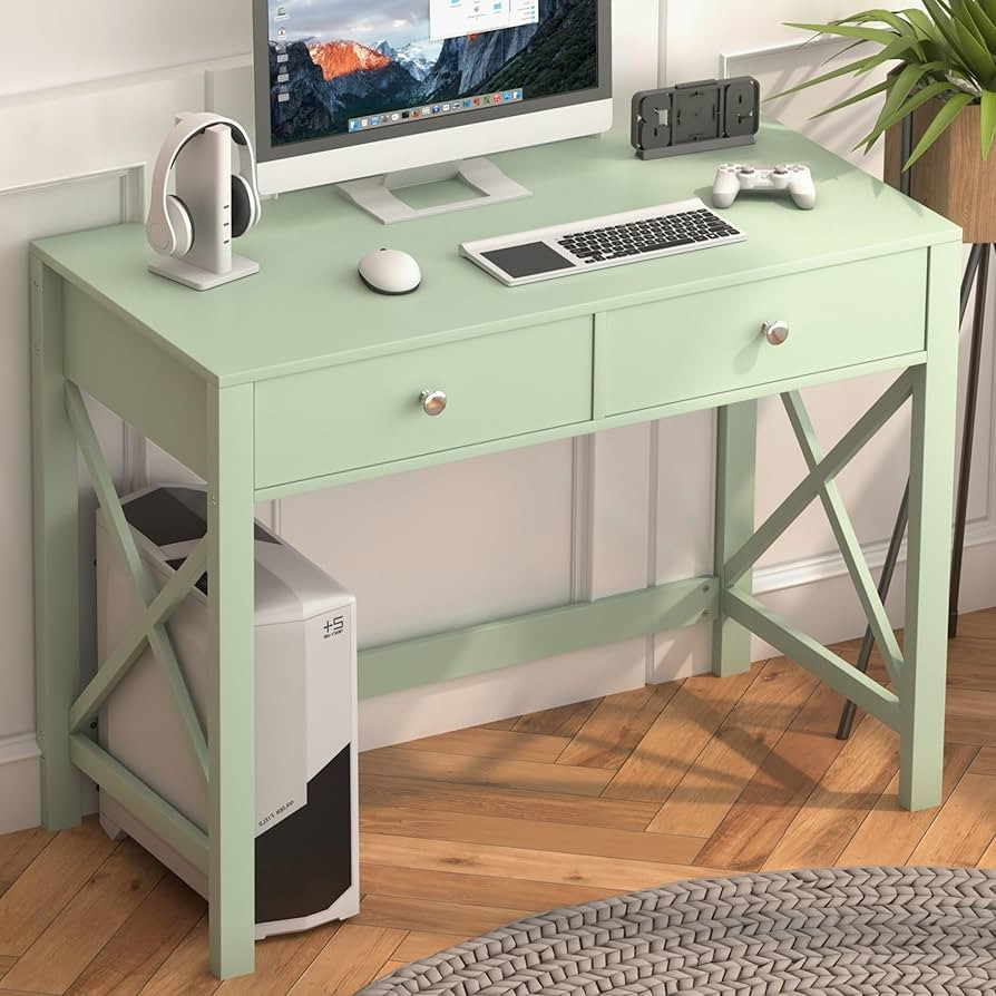 Home Office Desk with Drawers, Small Writing Computer Desk for Bedroom, Modern Green Makeup Vanit... | Amazon (US)