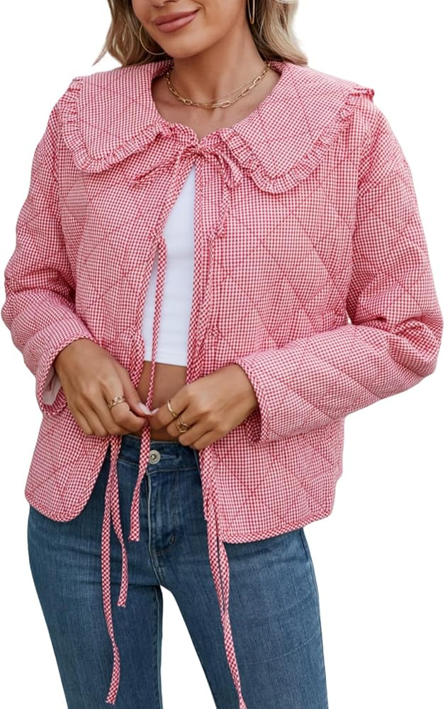 LifeShe Women Plaid Puffer Quilted Jacket Crop Tie Front Padded Coats Ruffled Lapel Collar Puffer... | Amazon (US)