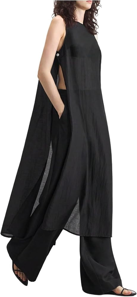 WDIRARA Women's Sheer Flowy Long Tank Top Split Side Crew Neck Sleeveless Tops | Amazon (US)