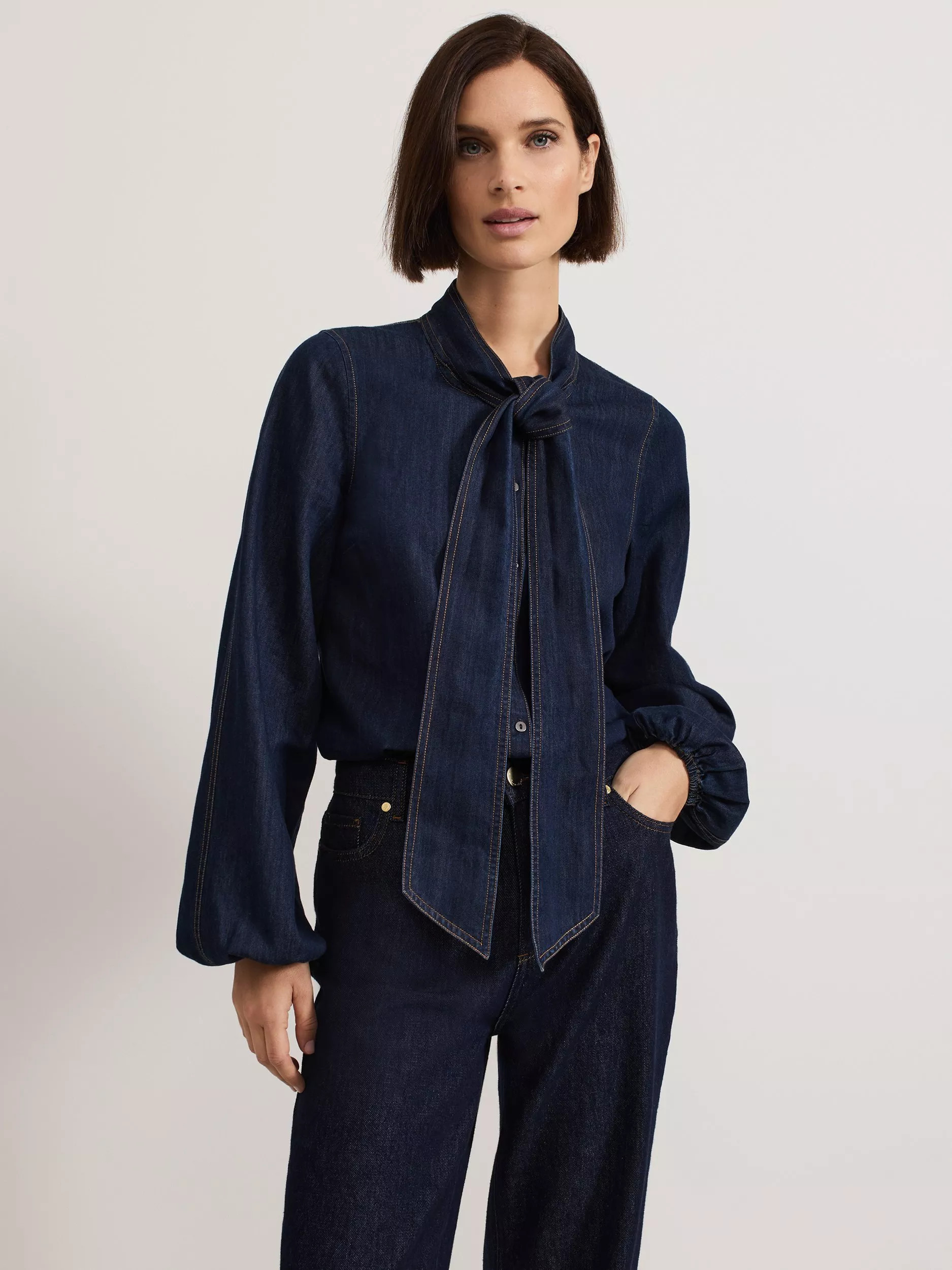 Phase Eight Penelope Pussybow Neck Denim Shirt, Dark Blue | John Lewis (UK)