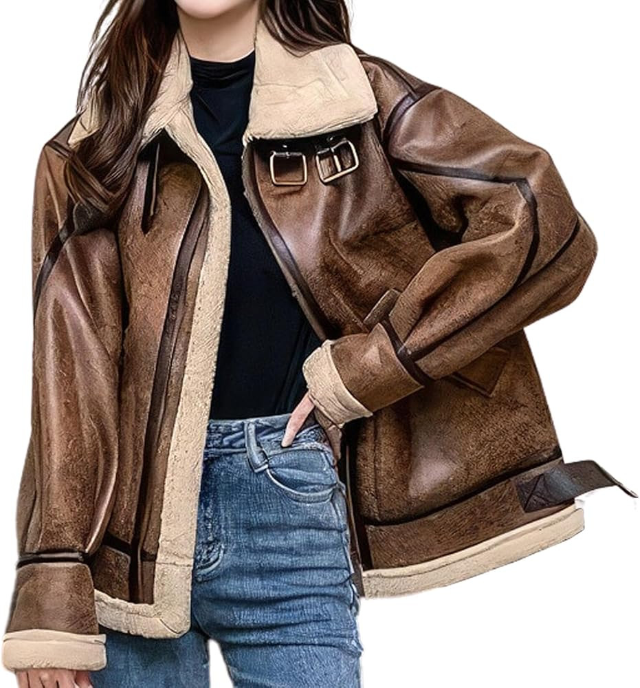 Women’s Distressed Brown Aviator Genuine Sheepskin Sherpa Shearling Faux Fur Lined Winter Warm ... | Amazon (US)