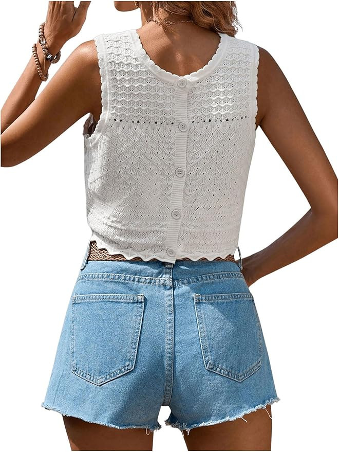 GORGLITTER Women's Crochet Tank Tops Sleveless Crew Neck Knit Lightweight Sweater Vest Button Bac... | Amazon (US)