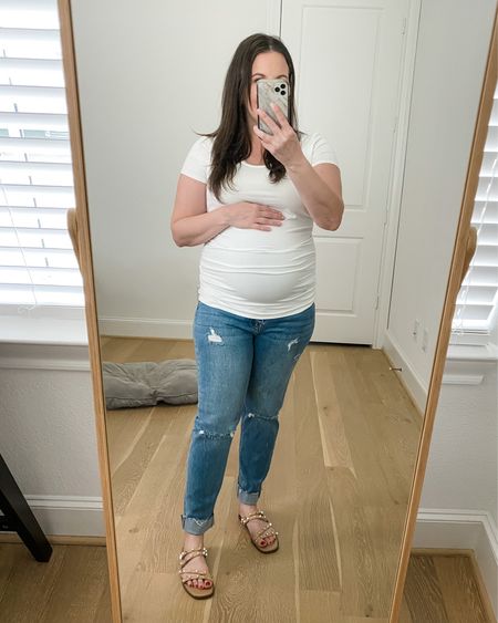 Maternity outfit / spring outfit / over the belly distressed jeans / maternity denim / white tee / pregnancy / pregnant 

#LTKbump #LTKunder100 #LTKSeasonal