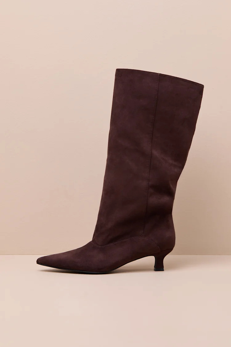 Alexandria Chocolate Suede Knee-High Kitten Heel Boots | Lulus